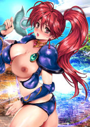 Rule 34 | 1girl, armor, artist name, asagiri youko, ass, bikini, bikini armor, blue bikini, blush, breasts, breasts out, butt crack, choker, cleavage, earrings, gem, genmu senki leda, highres, holding, holding sword, holding weapon, jewelry, large breasts, lips, long hair, looking at viewer, nipples, oyaman, parted lips, pauldrons, red hair, shiny skin, shoulder armor, side ponytail, simple background, solo, swimsuit, sword, thighs, vambraces, wardrobe malfunction, weapon