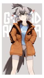 Rule 34 | 1girl, absurdres, alenka, animal ears, bad id, bad twitter id, bike shorts, bird ears, bird tail, blouse, blue shirt, closed mouth, clothes writing, coat, feather hair ornament, feathers, greater roadrunner (kemono friends), grey background, grey eyes, grey hair, grey shorts, hair ornament, hands in pockets, highres, kemono friends, kemono friends 2, looking at viewer, mole, mole under eye, open clothes, open coat, orange coat, outside border, shirt, short hair, shorts, simple background, smile, solo, standing, tail