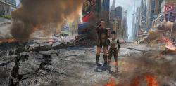 Rule 34 | 2boys, aircraft, armor, bald, black footwear, black hair, boots, building, car, city, deng jing, dragon ball, dragonball z, facial hair, fire, fire truck, gloves, grin, helicopter, highres, male focus, motor vehicle, multiple boys, muscular, mustache, nappa, police car, realistic, scouter, shoulder pads, skyscraper, smile, smoke, soldier, spiked hair, taxi, traffic light, truck, uh-60 blackhawk, vegeta, white footwear, white gloves
