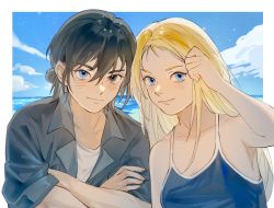 Rule 34 | 1boy, 1girl, ajiro shinpei, arm up, bad anatomy, bad arm, bare arms, bare shoulders, beach, black hair, black shirt, blonde hair, blue eyes, blue one-piece swimsuit, border, breasts, closed mouth, cloud, collared shirt, crossed arms, day, hair between eyes, tucking hair, heterochromia, highres, kofune ushio, long hair, looking at viewer, one-piece swimsuit, outdoors, outside border, shirt, short hair, smile, summertime render, surfdolphin, swimsuit, water, white border, white shirt