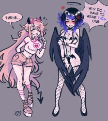 Rule 34 | 2girls, angel, blue hair, blush, breasts, demon girl, embarrassed, english text, fishnet thighhighs, fishnets, halloween dare succubus lingerie, halo, highres, horns, june (megrocks), kaina (megrocks), megrocks, multiple girls, navel, pink hair, shorts, standing, tail, thighhighs, wings