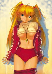Rule 34 | 1girl, areola slip, artist name, blue eyes, breasts, buruma, clothes lift, clothes pull, female focus, food, food-themed hair ornament, fruit, gym uniform, hair ornament, highres, kobayashi yuji, large breasts, long hair, long sleeves, looking at viewer, navel, neon genesis evangelion, no bra, pants, pants pull, shirt lift, solo, souryuu asuka langley, standing, strawberry, track suit, two side up, underboob, very long hair, whistle