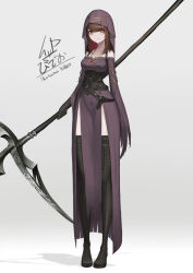 Rule 34 | 1girl, absurdres, bare shoulders, belt, boots, breasts, brown hair, colored inner hair, commentary request, corset, fantasy, full body, gradient background, highres, holding, holding scythe, holding weapon, hood, ikasamahideo, jewelry, looking at viewer, medium breasts, multicolored hair, necklace, original, red eyes, red hair, scythe, shadow, signature, smile, solo, standing, thigh boots, two-tone hair, weapon