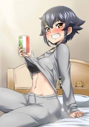 Rule 34 | 10s, 1girl, anchovy (girls und panzer), ayuayu (shouyu no sato), bed, black bra, black hair, blush, bra, braid, character doll, clothes lift, flag print, girls und panzer, grin, groin, italian flag, lifting own clothes, looking at viewer, midriff, military, military vehicle, motor vehicle, navel, pants, pepperoni (girls und panzer), phone, shirt lift, short hair, sitting, smile, solo, sweater, sweatpants, tank, teeth, underwear, vehicle, yellow eyes
