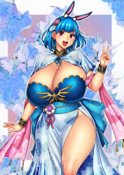 Rule 34 | 1girl, absurdres, animal ears, back bow, blue hair, blunt bangs, blush, bow, bracelet, breasts, chinese clothes, chinese zodiac, cleavage, cowboy shot, curvy, dress, earrings, erkaz, fake animal ears, floral print, hagoromo, hair ribbon, happy, highres, hip vent, hoop earrings, huge breasts, jewelry, obi, open mouth, original, rabbit ears, red eyes, ribbon, rina atherina, sash, shawl, shiny clothes, shiny skin, skindentation, smile, solo, standing, thick thighs, thighs, v, wide hips, year of the rabbit