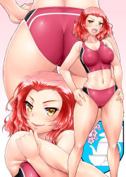 Rule 34 | 1girl, ass, ayato, breasts, brown eyes, buruma, commentary request, covered erect nipples, cross-body stretch, forehead, girls und panzer, girls und panzer gekijouban, gym shirt, gym uniform, highres, large breasts, looking at viewer, medium hair, navel, open mouth, red buruma, red hair, rosehip (girls und panzer), shiny skin, shirt, smile, standing, stretching, teeth, thighs