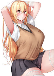 Rule 34 | + +, 1girl, :3, absurdres, alternate breast size, amano don, armpit peek, armpits, arms behind head, arms up, blonde hair, blouse, blush, breasts, brown eyes, brown sweater, brown sweater vest, brown vest, collared shirt, curvy, elbow gloves, feet out of frame, female focus, from side, gloves, grey skirt, hair between eyes, hands up, highres, huge breasts, large breasts, light blush, long hair, looking at viewer, looking to the side, miniskirt, multicolored eyes, pleated skirt, school uniform, shirt, shokuhou misaki, short-sleeved shirt, short sleeves, simple background, sitting, skirt, smile, solo, sparkle, sparkling eyes, sweater, sweater vest, t-shirt, thick thighs, thighhighs, thighs, toaru kagaku no railgun, toaru majutsu no index, toaru majutsu no index gaiden: toaru kagaku no mental out, tokiwadai school uniform, two-tone eyes, vest, white background, white gloves, white shirt, white thighhighs, yellow eyes