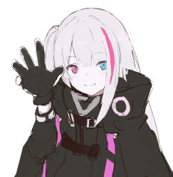 Rule 34 | 1girl, black gloves, black jacket, blue eyes, closed mouth, ff frbb122, girls&#039; frontline, gloves, hair ornament, hand up, heterochromia, highres, jacket, long hair, looking at viewer, mdr (girls&#039; frontline), multicolored hair, purple eyes, silver hair, smile, solo focus, white background