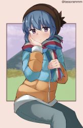 Rule 34 | 1girl, blue hair, closed mouth, hand on own cheek, hand on own face, hat, jacket, long hair, looking at viewer, purple eyes, scarf, shima rin, signature, solo, tasora, yurucamp