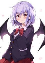 Rule 34 | 1girl, alternate costume, arms behind back, bat wings, black jacket, blazer, blush, bow, bowtie, breasts, buttons, collared shirt, commentary request, highres, hyurasan, jacket, light purple hair, long sleeves, looking at viewer, medium breasts, miniskirt, pink eyes, pleated skirt, red bow, red bowtie, red skirt, remilia scarlet, school uniform, shirt, short hair, sidelocks, simple background, skirt, smile, solo, touhou, white background, white shirt, wing collar, wings