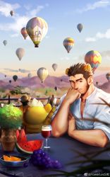 Rule 34 | 1boy, absurdres, aircraft, alca (wakatanka4), animal ears, bara, beard, character doll, commission, cup, drinking glass, elbow rest, facial hair, food, fruit, grapes, gyee, highres, hot air balloon, lion boy, lion ears, looking at viewer, male focus, mature male, muscular, muscular male, orange (fruit), original, partially unbuttoned, pectoral cleavage, pectorals, powerlesssong, red eyes, shirt, short hair, sky, sleeves rolled up, solo, sunlight, sunset, thick eyebrows, upper body, watermelon, watermelon slice, white shirt, wine glass