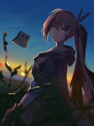 Rule 34 | backlighting, blurry, brown capelet, brown cloak, brown corset, brown eyes, brown hair, capelet, cloak, corset, dagger, depth of field, feather hair ornament, feathers, friend (nanashi mumei), gloves, hair ornament, hairclip, hieroglyphics, highres, hololive, hololive english, horizon, kaihaku (kaihaku2001), knife, looking at viewer, multicolored hair, nanashi mumei, partially fingerless gloves, plant, red skirt, ribbon, shirt, skirt, sky, smile, streaked hair, sunrise, twilight, virtual youtuber, weapon, white shirt