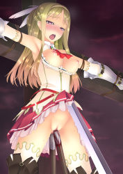 Rule 34 | 1girl, anal, blonde hair, blood, blush, boots, bound, bound arms, breasts, breasts out, censored, cleavage cutout, clothes lift, clothing cutout, crucifixion, defloration, detached sleeves, double penetration, dress, dress lift, f-ism, feathers, gradient hair, hair ornament, hairband, highres, large breasts, long hair, multicolored hair, murakami suigun, nipples, no panties, object insertion, open mouth, orange hair, original, pink eyes, polearm, pussy, rape, restrained, solo, sweat, sword, thigh boots, thighhighs, torture, vaginal, weapon