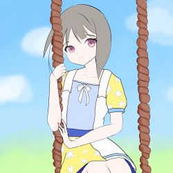 Rule 34 | 1girl, artist name, artist request, bare legs, blue corset, blue skirt, blue sky, blush, bow, bowtie, breasts, brown hair, cloud, collarbone, corset, day, dress, female focus, flower, flower print, grey hair, highres, light brown hair, looking at viewer, love live!, love live! nijigasaki high school idol club, love live! school idol festival, miniskirt, nakasu kasumi, outdoors, parted lips, pink eyes, plaid, plaid dress, plaid skirt, pleated, pleated dress, pleated skirt, puffy short sleeves, puffy sleeves, purple eyes, qu4rtz (love live!), short hair, short sleeves, sitting, skirt, sky, small breasts, smile, solo, swinging (love live!), white bow, white dress, white skirt, yellow skirt