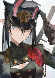 Rule 34 | 1girl, absurdres, animal ear headwear, animal ears, black hair, blue eyes, breasts, brown gloves, buttons, cleavage, cleavage cutout, clothing cutout, commentary, double-breasted, english commentary, fake animal ears, flower, gloves, hair between eyes, hand on own ear, hat, highres, karasuro, long hair, looking at viewer, military, military uniform, original, parted lips, peaked cap, pointy ears, rose, sidelocks, simple background, solo, sword, sword behind back, teeth, uniform, upper body, weapon, white background
