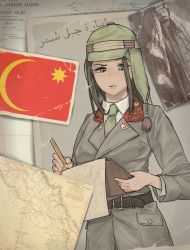 Rule 34 | 1girl, arabian clothes, arabian peninsula, arabic text, belt, breasts, brown eyes, brown hair, crescent, hat, hearts of iron, highres, kaiserreich, map, military, military uniform, necktie, photo (object), pzkpfwi, shirt, sword, uniform, weapon, white shirt