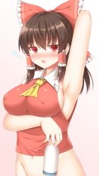 Rule 34 | 1girl, arm behind head, armpits, ascot, blush, bottle, bottomless, bow, breasts, brown hair, covered erect nipples, drunk, gradient background, groin, hair bow, hair tubes, hakurei reimu, highres, large breasts, navel, open mouth, out-of-frame censoring, red bow, red eyes, short hair, sideboob, solo, squeans, touhou, yuu (yu0221f)