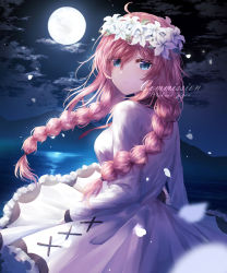 Rule 34 | 1girl, absurdres, ahoge, bad id, bad pixiv id, blue eyes, braid, commission, dress, floating hair, frilled dress, frills, from behind, full moon, hair between eyes, highres, long hair, long sleeves, looking at viewer, looking back, low twintails, moon, neck ribbon, night, night sky, ocean, original, outdoors, parted lips, pink hair, red ribbon, ribbon, sky, solo, standing, takano jiyuu, twin braids, twintails, very long hair, watermark, white dress