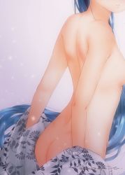 Rule 34 | 1girl, ass, back, blue hair, breasts, japanese clothes, kantai collection, kimono, long hair, mae (maesanpicture), naked kimono, nude, out-of-frame censoring, out of frame, samidare (kancolle), small breasts, solo, twitter username, undressing, very long hair