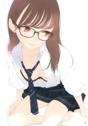 Rule 34 | 1girl, absurdres, ama mitsuki, black bra, bra, breasts, brown eyes, brown hair, cleavage, closed mouth, collarbone, collared shirt, glasses, hair behind ear, highres, leaning forward, lips, long hair, looking to the side, necktie, no shoes, non-web source, open clothes, open shirt, original, page number, plaid, plaid skirt, scan, school uniform, shirt, sitting, skirt, sleeves pushed up, smile, solo, underwear, white background, white shirt, yokozuwari