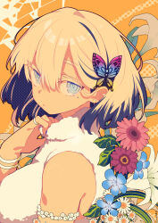 Rule 34 | 1girl, black hair, blonde hair, blue eyes, blue flower, butterfly hair ornament, closed mouth, colored eyelashes, commentary request, dark-skinned female, dark skin, flower, from side, hair between eyes, hair ornament, hand up, highres, looking at viewer, looking to the side, mole, mole under eye, multicolored hair, orange background, original, pink flower, purple flower, shirt, sleeveless, sleeveless shirt, solo, thick eyebrows, two-tone hair, upper body, white flower, white shirt, yuzuki gao