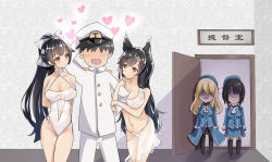Rule 34 | 1boy, 4girls, admiral (kancolle), animal ears, arm behind head, arm hug, atago (azur lane), atago (kancolle), atago (summer march) (azur lane), azur lane, beret, between breasts, bikini, black hair, black thighhighs, blonde hair, blue dress, blue hat, blue jacket, blush, breasts, chibi, cleavage, closed mouth, collarbone, crossover, dress, epaulettes, garter straps, girl sandwich, hat, heart, highres, historical name connection, indoors, jacket, kantai collection, large breasts, long hair, long sleeves, military, military uniform, miniskirt, multiple girls, name connection, naval uniform, navel, one-piece swimsuit, open door, open mouth, pants, pantyhose, sandwiched, sarong, scarlet dango, see-through, shaded face, shadow, short hair, skirt, smile, swimsuit, takao (azur lane), takao (beach rhapsody) (azur lane), takao (kancolle), thighhighs, translation request, uniform, white bikini, white hat, white jacket, white one-piece swimsuit, white pants, white sarong