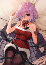 Rule 34 | 1girl, alternate costume, ayul (ayulneri 92), bare shoulders, black pantyhose, blush, box, breasts, christmas, collarbone, commentary request, condom, condom wrapper, dress, fate/grand order, fate (series), foreshortening, frills, from above, hair over one eye, hat, highres, jacket, unworn jacket, large breasts, long hair, looking at viewer, lying, mash kyrielight, on back, pantyhose, purple eyes, red ribbon, ribbon, santa costume, santa dress, santa hat, short hair, solo, thighband pantyhose