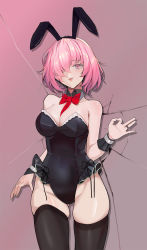 Rule 34 | 1girl, absurdres, animal ears, arm up, bare shoulders, black leotard, black thighhighs, bow, bowtie, breasts, chinese commentary, cleavage, crack, cracked wall, fake animal ears, fang, fate/grand order, fate (series), feet out of frame, hair between eyes, hair over one eye, highres, jewelry, leotard, light smile, looking at viewer, mash kyrielight, medium breasts, medium hair, ok sign, open mouth, parted lips, pink background, pink eyes, pink hair, playboy bunny, rabbit ears, red bow, red bowtie, regenerate-x, ring, solo, standing, thighhighs, thighs
