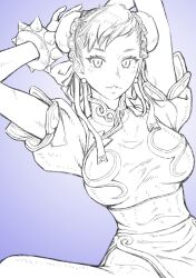 Rule 34 | 1girl, arms up, bracelet, breasts, bun cover, capcom, chinese clothes, chun-li, commentary request, delarocha82, double bun, earrings, hair bun, highres, jewelry, large breasts, looking at viewer, monochrome, pantyhose, purple background, solo, spiked bracelet, spikes, street fighter, thick thighs, thighs