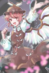 Rule 34 | 1girl, animal ears, arm up, bird ears, bird wings, blush, brown dress, brown headwear, brown nails, cyclo 496, dress, fingernails, frilled sleeves, frills, highres, long fingernails, long sleeves, mystia lorelei, nail polish, one-hour drawing challenge, open mouth, pink eyes, pink hair, sharp fingernails, short hair, smile, solo, touhou, white wings, winged hat, wings