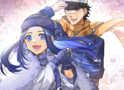 Rule 34 | 1girl, :d, asirpa, blue coat, blue eyes, blue gloves, blue hair, blue headband, brown eyes, brown hair, coat, earrings, facial scar, fingerless gloves, floating hair, gloves, golden kamuy, haruka (5885352), hat, headband, hiding, highres, jewelry, long hair, long sleeves, military hat, open mouth, outdoors, scar, scar on cheek, scar on face, scarf, short hair, smile, sugimoto saichi, upper body, white background, yellow scarf