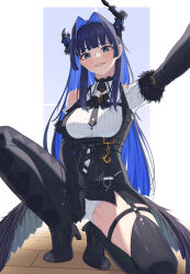 Rule 34 | 1girl, absurdres, asymmetrical horns, bangom r, black footwear, black gloves, black hair, blue eyes, blush, boots, breasts, colored inner hair, cosplay, fur-trimmed sleeves, fur trim, gloves, grin, hair intakes, high heel boots, high heels, highres, hololive, hololive english, horns, large breasts, long hair, long sleeves, looking at viewer, mole, mole on thigh, multicolored hair, nerissa ravencroft, nerissa ravencroft (1st costume), nerissa ravencroft (cosplay), ouro kronii, outstretched arm, panties, pantyshot, selfie, sidelocks, smile, solo, squatting, teeth, thigh boots, thighs, tiptoes, two-tone hair, underwear, uneven horns, very long hair, virtual youtuber, white panties