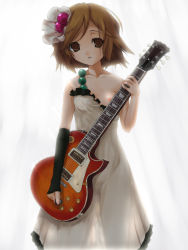 Rule 34 | 00s, 1girl, breasts, brown eyes, brown hair, clothes pull, don&#039;t say &quot;lazy&quot;, dress, dress pull, elbow gloves, electric guitar, female focus, gibson les paul, gloves, guitar, hirasawa yui, instrument, k-on!, kuku px, nipples, plectrum, see-through, short hair, solo