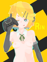 Rule 34 | 1girl, :q, absurdres, black background, black gloves, blonde hair, blue eyes, breasts, character name, closed mouth, collar, commentary request, controller, cross-shaped pupils, detached collar, dualsense, elbow gloves, fur-trimmed gloves, fur trim, game controller, gloves, green ribbon, hair ornament, hairclip, hara id 21, highres, holding, holding controller, holding game controller, kagamine rin, looking at viewer, neck ribbon, nipples, no lineart, playstation controller, ribbon, short hair, small breasts, smile, solo, swept bangs, symbol-shaped pupils, tongue, tongue out, topless, two-tone background, uneven eyes, upper body, vocaloid, white collar, yellow background