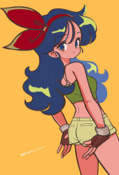 Rule 34 | 1girl, adjusting clothes, adjusting shorts, bare shoulders, blue eyes, blue hair, brown eyes, brown gloves, closed mouth, dark blue hair, dragon ball, dragon ball (classic), fingerless gloves, gloves, green shirt, hairband, highres, long hair, looking at viewer, lunch (dragon ball), lunch (good) (dragon ball), multicolored eyes, norixio, red hairband, shirt, shorts, simple background, smile, solo, standing, twitter username, yellow background, yellow shorts