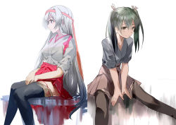 Rule 34 | 10s, arms between legs, black hair, black legwear, brown legwear, chair, hair between eyes, hair ribbon, hakama, hakama short skirt, hakama skirt, headband, highres, hunter.g, japanese clothes, kantai collection, long hair, looking at viewer, looking away, looking to the side, multiple girls, red skirt, ribbon, shoukaku (kancolle), silver hair, simple background, sitting, sketch, skirt, sleeves rolled up, thighhighs, twintails, very long hair, white background, white ribbon, zuikaku (kancolle)