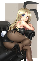 Rule 34 | 1girl, animal ears, ass, bare shoulders, black pantyhose, blonde hair, blue eyes, blush, breasts, brown pantyhose, couch, crotch, detached collar, fake animal ears, from behind, high heels, katahira masashi, large breasts, leotard, long hair, looking at viewer, looking back, lying, on side, original, outside border, pantyhose, playboy bunny, rabbit ears, rabbit tail, simple background, smile, solo, tail, thighs, wrist cuffs