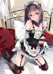 Rule 34 | 1girl, alternate costume, apron, arm garter, bad id, bad pixiv id, bare shoulders, bedroom, black thighhighs, blush, boots, bow legwear, breasts, brown eyes, brown hair, center frills, choker, cleavage, clothes lift, commentary request, curtains, day, elbow gloves, enmaided, frills, garter belt, garter straps, gloves, hair between eyes, head tilt, headgear, high heels, highres, indoors, kantai collection, kneeling, kobayashi chisato, lifted by self, light particles, looking at viewer, maid, maid apron, maid headdress, on bed, parted lips, pillow, revision, short hair, sidelocks, skindentation, skirt, skirt lift, small breasts, solo, taihou (kancolle), thighhighs, thighs, white gloves