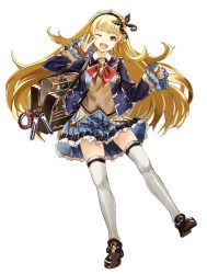 Rule 34 | 10s, 1girl, :d, ;d, bag, blonde hair, book, breasts, brown footwear, cagliostro (granblue fantasy), cagliostro (youthful uniform) (granblue fantasy), commentary request, frilled skirt, frilled sleeves, frills, full body, granblue fantasy, hairband, highres, loafers, long hair, long sleeves, looking at viewer, one eye closed, open mouth, purple eyes, round teeth, ruisento, school uniform, shoes, simple background, skirt, smile, solo, teeth, thighhighs, v, very long hair, vial, white background, white thighhighs, zettai ryouiki
