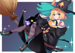 Rule 34 | 1girl, :3, absurdres, ahoge, aqua background, aqua cape, aqua eyes, asymmetrical legwear, bell, black bow, black cape, black hat, black jacket, black skirt, blonde hair, bob cut, border, bow, broom, broom riding, buttons, cape, cat, closed mouth, collared shirt, footwear bow, full body, gradient background, grey bow, grey footwear, grey pantyhose, grey skirt, hair between eyes, hand on headwear, hands up, hat, hat bow, highres, hmmmanon, jacket, large bow, looking at viewer, lucie (millie parfait), millie parfait, millie parfait (1st costume), miniskirt, multicolored background, multicolored bow, neck bell, nijisanji, nijisanji en, outside border, oversized clothes, pantyhose, plaid, plaid bow, plaid skirt, purple background, shirt, simple background, sitting, skirt, sleeves past wrists, solo, sparkle, sparkle background, striped clothes, striped pantyhose, tareme, two-sided fabric, two-tone cape, two-tone skirt, virtual youtuber, white border, white shirt, wing collar, witch, witch hat, yellow bow, yellow shirt