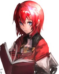Rule 34 | 1girl, ange katrina, ange katrina (1st costume), blue eyes, book, hair between eyes, highres, holding, holding book, looking to the side, nijisanji, red hair, short hair, solo, tami (zagh5778), triangle hair ornament, upper body, virtual youtuber, white background