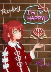 Rule 34 | 1girl, :o, aqua eyes, artist name, artist request, blush, bow, shirt bow, brick wall, buttons, collared shirt, female focus, green eyes, hair between eyes, hand out, highres, kurosawa ruby, long sleeves, looking at viewer, love live!, love live! sunshine!!, red hair, red shirt, shirt, short hair, solo, tasogare hoshibito, white bow