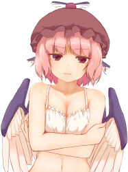 Rule 34 | 1girl, animal ears, bird ears, bird wings, breasts, brown hat, cleavage, collarbone, commentary request, earrings, feathered wings, hat, highres, jewelry, looking at viewer, mystia lorelei, navel, open mouth, pink eyes, pink hair, pokio, short hair, simple background, single earring, small breasts, solo, spaghetti strap, touhou, upper body, white background, white wings, winged hat, wings
