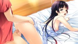 Rule 34 | 1girl, ass, bed, bent over, black hair, blush, bra, breasts, censored, doggystyle, game cg, habane kotori, highres, kono oozora ni tsubasa wo hirogete, legs, long hair, looking back, nipples, no panties, open clothes, open mouth, penis, purple eyes, purple hair, pussy, sex, sex from behind, small breasts, thighs, underwear, vaginal, yashima takahiro