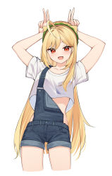 Rule 34 | 1girl, :d, absurdres, ahoge, arms up, blonde hair, blue shorts, collarbone, crop top, crop top overhang, cropped legs, denim, denim shorts, double v, horns pose, hamburger hat, hat, highres, jingburger, long hair, looking at viewer, midriff, open mouth, overall shorts, overalls, red eyes, shirt, short shorts, short sleeves, shorts, simple background, slit pupils, smile, solo, thighs, v, very long hair, virtual youtuber, waktaverse, white background, white shirt, ziro (zirorong)