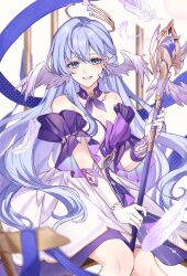 Rule 34 | 1girl, aqua eyes, bare shoulders, bead bracelet, beads, blue hair, bracelet, breasts, cleavage, collar, collarbone, commentary request, dress, earrings, feathers, feet out of frame, gloves, hair between eyes, halo, head wings, highres, holding, holding microphone stand, holding staff, honkai: star rail, honkai (series), jewel under eye, jewelry, large breasts, looking at viewer, microphone stand, open mouth, purple collar, purple ribbon, ribbon, robin (honkai: star rail), sitting, smile, solo, staff, su3ka, white dress, white feathers, white gloves, wings