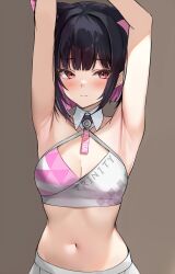 Rule 34 | 1girl, animal ears, armpits, arms up, bare arms, bare shoulders, black hair, blue archive, blush, bob cut, breasts, cat ears, cheerleader, cleavage, collarbone, colored inner hair, cosplay, extra ears, highres, kazusa (blue archive), looking at viewer, marisasu (marisa0904), medium breasts, millennium cheerleader outfit (blue archive), multicolored hair, navel, pink eyes, pink hair, presenting armpit, revision, short hair, skirt, solo, stomach, two-tone hair, white skirt