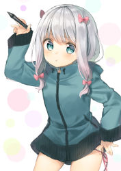 Rule 34 | 1girl, :t, arm up, blush, bow, closed mouth, commentary request, cowboy shot, eromanga sensei, green eyes, green jacket, hair bow, holding, holding stylus, izumi sagiri, jacket, long sleeves, looking at viewer, midorikawa you, panties, panty pull, pink bow, pink panties, pout, pulled by self, side-tie panties, sidelocks, silver hair, solo, stylus, underwear