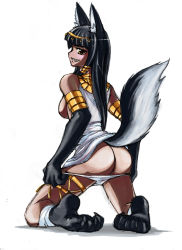 Rule 34 | 1girl, animal ears, anubis (mythology), ass, black hair, breasts, claws, dark-skinned female, dark skin, dog ears, dog tail, egyptian, egyptian mythology, from behind, fur, gold, grin, highres, jewelry, kneeling, lots of jewelry, monster girl, panties, panty pull, shoka, smile, solo, tail, underwear, wolf ears, wolf tail