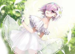 Rule 34 | :d, arrow (tamawo222), bare shoulders, blush, breasts, choker, cowboy shot, dress, dutch angle, fate/grand order, fate (series), feathers, flower, from behind, gloves, hair flower, hair ornament, hair over one eye, large breasts, looking back, mash kyrielight, mash kyrielight (formal dress), official alternate costume, open mouth, outdoors, pink hair, purple eyes, ribbon choker, see-through, short hair, smie, smile, solo, sparkle, strapless, strapless dress, white dress, white gloves